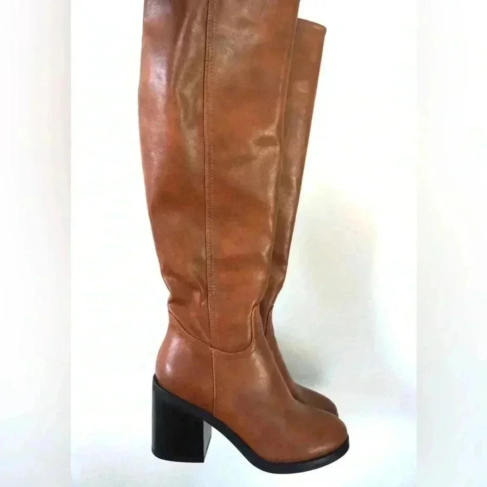 Venus Women's Fall Heeled Fashion Boots, Knee-High, Chestnut, size 6.5